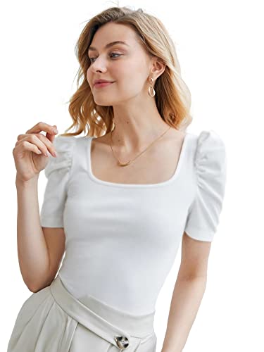 Image of Shasmi Women's & Girl's Polyester Pleated High Neck Short Puff Sleeve Ruched Bust Solid Regular Fit Top
