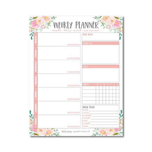 Pink Floral Undated Weekly Family Calendar Planner Pad, Mom Monthly to Do List Desk Paper Notepad, Week Day Weekend Organizer, Personal Goal Habit Tracker, Kids School Productivity, 50 Tear Off Pages