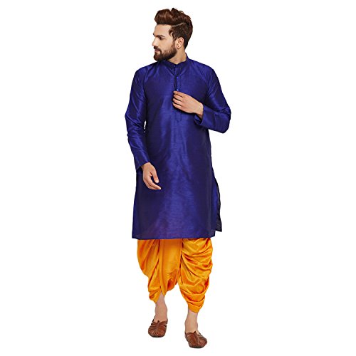 Image of SOJANYA (Since 1958 Men's Off-White and Gold Dupion Silk Dhoti Kurta Set