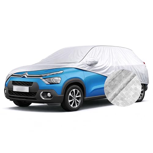 Image of SEAZEN Waterproof Car Cover for Citroen C3 | Dustproof, UV & Scratch Resistant Soft Cotton Lining | Triple Stitched, Mirror Pockets & Elastic Hem | Metallic Silver with Black Piping
