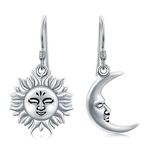 Boucles d'oreilles pendantes soleil et lune en argent sterling 925 Sun Moon Luna Bijoux pour femme Cover
