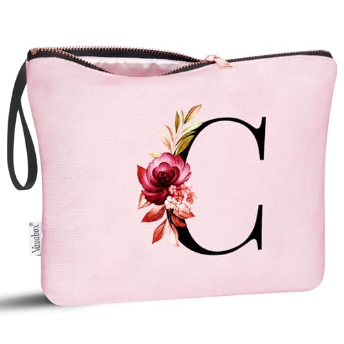 Image of Vavabox A-Z Personalized Makeup Bag, Birthday Gifts for Women Mom, Gifts for Best Friend, Bride Bridesmaid Cosmetic bag (C, Pink)
