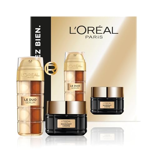 L'Oréal Paris - Coffret Luxe Anti-Âge - Idée Cadeau - Midnight Crème et Sérum Le Duo - Soins Visage Anti-Rides, Fermeté, Confort - Pour une Peau plus Lisse, Ferme et Éclatante - Tailles Réelles