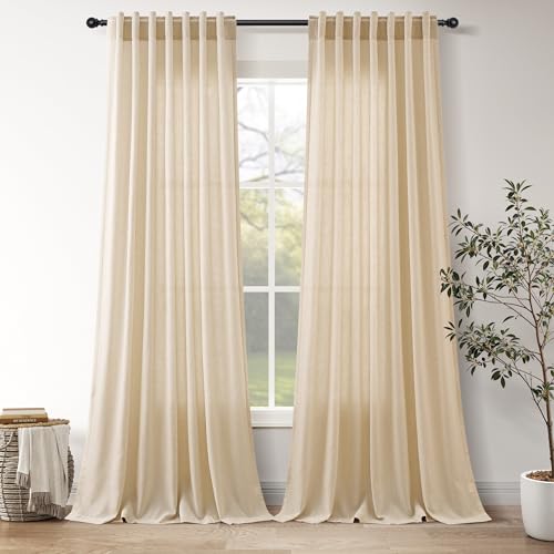 Image of Tan Linen Curtains 96 Inches Long for Living Room Rod Back Tab Vintage Rustic Farmhouse Light Filtering Curtain Burlap Textured Linen Drapes 96 Inch Dinning Room Bedroom 52x96 8FT,2 Panels
