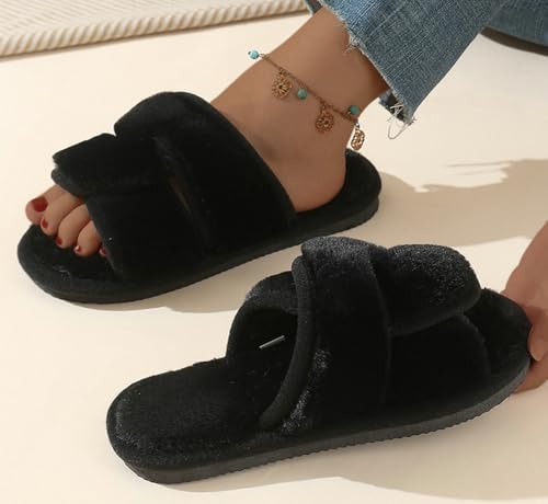Women’s Open Toe Plush Slippers 2025 Crisscross Indoor Outdoor Slipper Winter Fall Warm Memory Foam House Shoes2