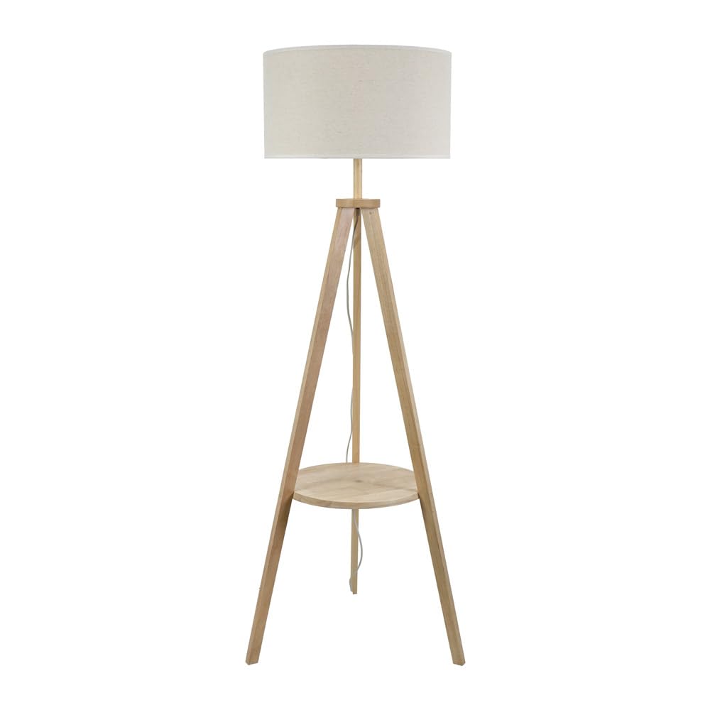 Valuelights Unisex White Morrigan Natural Wood Tripod Floor Lamp & Linen Trim Shade & Bulb In