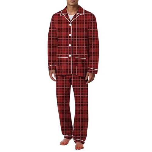 Men's Flannel Plaid Pajama Set, Soft Button Down Long Sleeve & Bottom Pants Lounge Sleepwear PJS Fashion Comfy Set