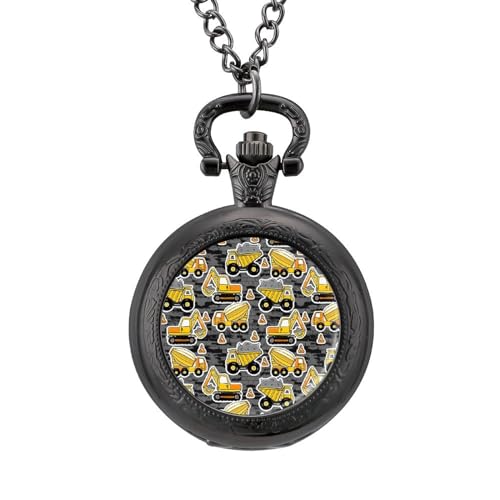 Excavator Construction Vintage Pocket Watch Printed Pendant Watches Necklace with Chain Gift for Friend Lover Family Black-Style