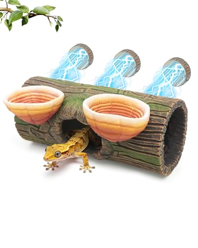 REPTITRIP 2 in 1 Magnetic Crested Gecko Hide Reptile Hideout & Water Dish Food Bowl Resin Hollow Log Cave Reptile & Amphibian Habitat Hideouts