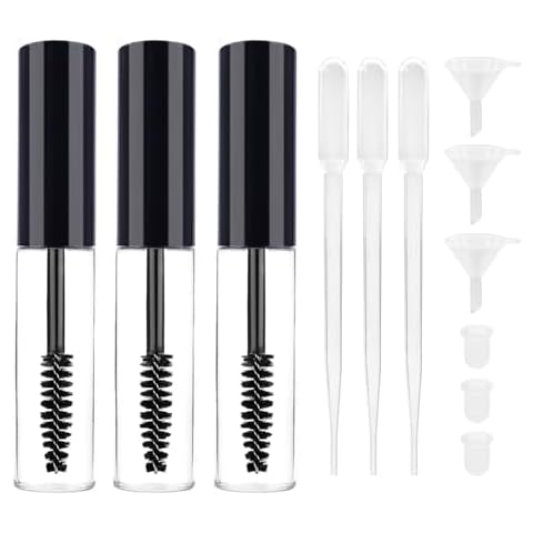 Quacc 3pcs Empty Mascara Tubes with Eyelash Wand, 8ml Eyelash Cream Container Bottle Refillable with Funnels and Inner Stoppers for Castor Oil, DIY Cosmetics Lash or Brow Serum (Black) Cover
