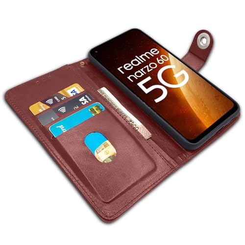 Image of Pikkme Realme Narzo 60 5G Flip Cover Leather Finish | Inside TPU with Card Pockets | Wallet Stand and Shock Proof | Complete Protection Button Flip Case (Brown)