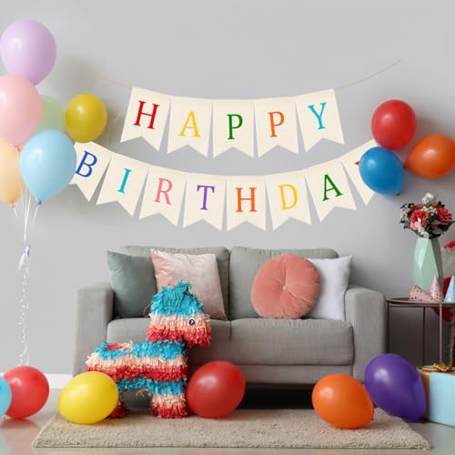 Image of Doumeny Happy Birthday Burlap Banner Boho Birthday Garland Banner Rainbow Bohemian Bunting Garland White Birthday Hanging Bunting Multicolor Birthdays Sign Party Flag for Home Mantel Fireplace Nursery