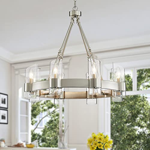 Image of WUZUPS Wagon Wheel Chandelier 8-Light with Clear Glass Industrial Modern Farmhouse Round Light Fixture for Dining Room Kithen Island Foyer, Width 26 inch Height 22 inch, Nickel