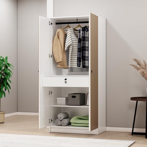 Image of Bniture Luxe 2 Door Wooden Wardrobe for Bedroom with Shelf & Lockable Drawer | Engineered Wood Almirah for Clothes with 3D Textured Panels | Dual Tone Cupboard for Bedroom | Frosty White & Giant Wood