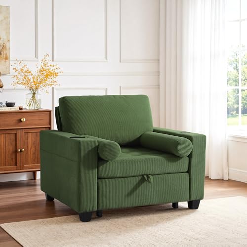 Image of UIXE 3-in-1 Sleeper Chair Pull Out Sofa Bed, Convertible Reclining Seat Upholstered Armchair, Adjustable Backrest Recliner Chair with Side Pockets, Cup Holder & USB Ports - Green
