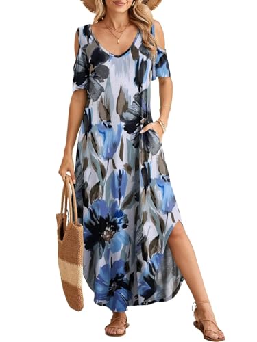 Image of BELAROI Womens Cold Shoulder Maxi Dress Plus Size V Neck Summer Sundresses with Pockets Beach Coverup Vacation Outfits