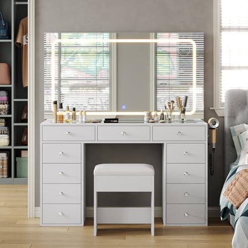 Yanosaku Tocador de Maquillaje con Espejo LED Grande, 11 Cajones, Mesa de Cristal y Tomas de Corriente, Tocador de Maquillaje con Luz y Taburete, Tocador Moderno Blanco para Dormitorio