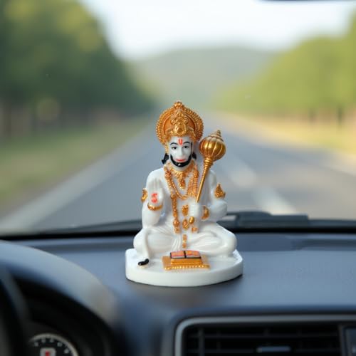 Image of UNOVATE Lord Hanuman Idol for Car Dashboard, Home, Office Desk - Hanuman Murti for for Pooja, Temple Showpiece, Decoration, Festivals and Gifting. (10cm, White Color)