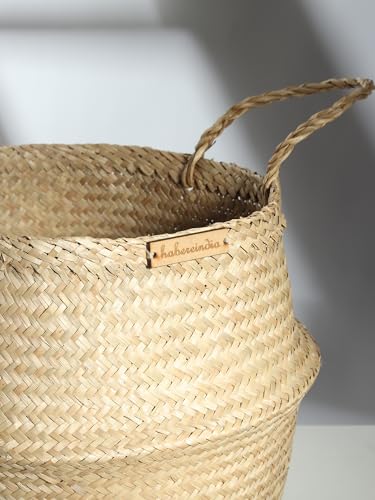 Image of Habere India-All the Cultures Fabricating India Wicker Basket for Plants | Baskets Home Decor | Bamboo Storage Baskets | Toy Organiser | Seagrass Belly Basket - Round; Beige (Set of 3 - S; M; L)