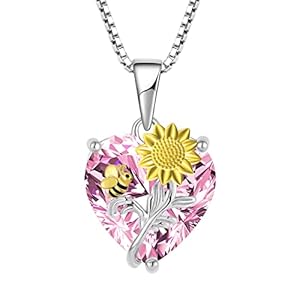 VESHON Sunflower Necklace with Little Honey Bee 925 Sterling Silver Sunflower Heart Pink Tourmaline Birthstone Pendant Necklace Anniversary Jewelry Gifts for Wife Birthday Gifts for Women Mom Daughter