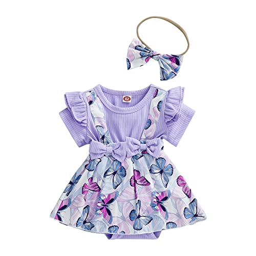 Xiaodriceee Newborn Baby Girl Summer Clothes Short Sleeve Butterfly Print Ribbed Suspender Romper Dress Headband 2Pcs Set (6-9 Months,Purple)