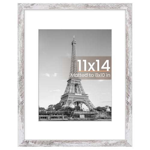 Image of upsimples 11x14 Picture Frame, Display Pictures 8x10 with Mat or 11 x 14 Without, Wall Hanging Photo Frames, Rustic White, 1 Pack