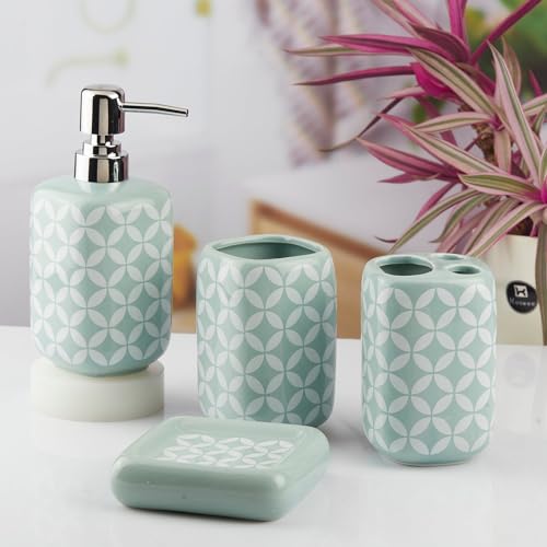 Kookee Ceramic Bathroom Accessories Set of 4, Modern Bath Set with Liquid handwash Soap Dispenser and Toothbrush Holder, Luxury Gift Accessory for Home, Blue (10455) (B0CTRRRMQW) Amazon Price History, Amazon Price Tracker