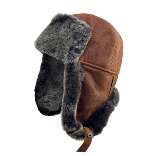 Image of Leather Aviator Russian Ushanka Trapper Shearling Sheepskin Fur Ear Flap Waterproof Winter Hat