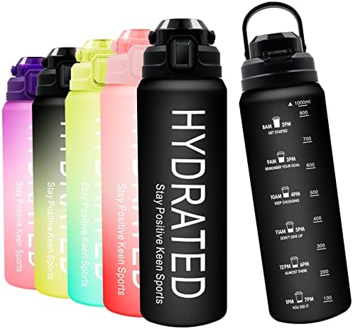 Wolepaz 1 litre Water Bottle with Straw, Motivational Sports Water Bottle with Time Markings, Leakproof BPA-free Tritan Drink Bottle for Running, Bike, Gym, Outdoor, School & Office (Black)