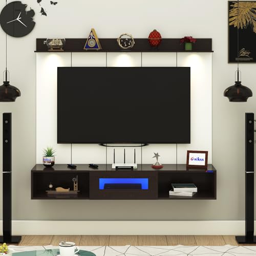 Image of Anikaa Novus PVC Back Panel Wall Mounted TV Unit with Spot & Blue Ambient LED Light - Acrylic Storage Box, Display Shelf & Soft-Close Hinges | Ideal for UP to 50 Inch TV (Wenge - DIY Installation)