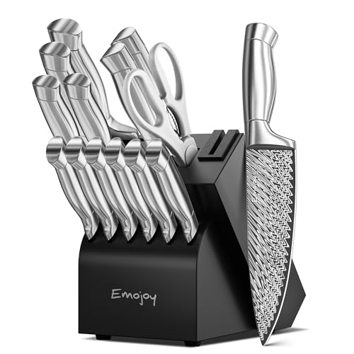 Knife Set, Emojoy 15 Pieces Kitchen Knife Block Set with Built-in Sharpener, High Carbon Stainless...