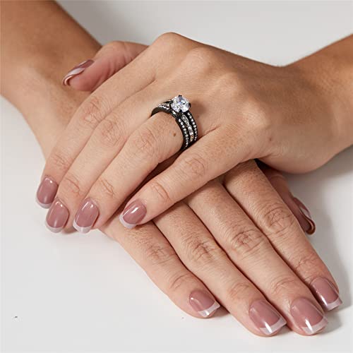 MABELLA CZ Black Wedding Band Engagement Ring Sets Stainless Steel Round Cut Cubic Zirconia Rings for Women4