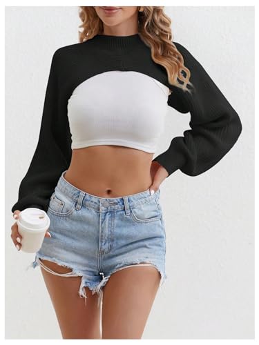 GORGLITTER Women's Cropped Sweater Mock Neck Bishop Sleeve Long Sleeve Knit Shrug Top4