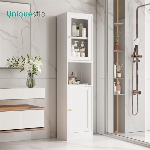 Image of 67 inch Tall Narrow Storage Cabinet with Glass Door and Open Shelf,Metal Pantry Cabinet with Adjustable Shelves,Shaker Style Slim Cabinet for Bathroom Kitchen Small Spaces, White, 1Pc