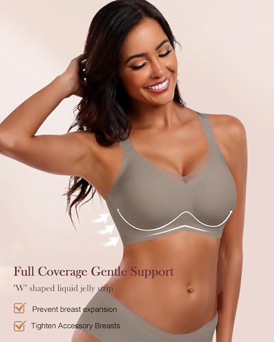 Image of HORISUN Seamless Mesh Lace Bras for Women No Underwire Wireless Bras with Support and Lift Full Coverage Deep V Bralettes