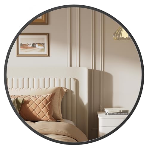 SONGMICS Round Mirror 40.7 cm Bathroom Mirror for Wall Metal Frame Easy to Install Modern Wall Mirror for Bathroom Living Room Bedroom Entryway Hallway Ink Black LWM104B01