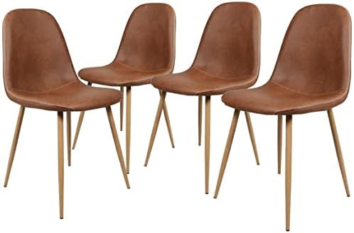 GreenForest Dining Chairs Set of 4, Washable PU Fuax Leather Dining Side Chair Mid Century Modern Dining Room Chairs Comfortable Upolstered Cushion Seat with Metal Legs for Home Kitchen, Camel Brown