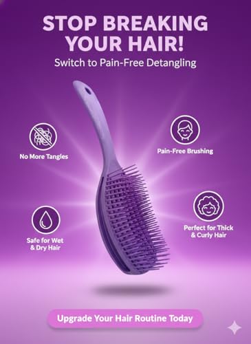 Image of Bold n Beautiful Premium TPEE Material Hair Detangler Comb for Wet & Dry Hairs | Flexible Soft Tip Scalp-Friendly Detangling Brush with Anti-Slip Ergonomic Handle (Purple)