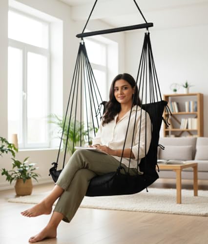 Image of Patiofy Jhula for Balcony /Swing for Balcony for Adult /Jhoola for Home /Wooden Swing Indoor /Hammock /Suitable for Indoor & Outdoor / 120Kgs Weight Bearing Capacity (Black)