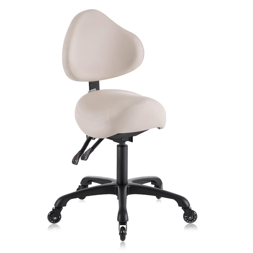 Pneumatic Swivel Rolling Saddle Chair with Wheels and Ergonomic Back Support for Hair Stylist, Dental Hygienist, Hygienic Clinic, Spa, Massage, Home, Office - 510 KOA (Vanilla, Standard)