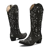 LingxiaUne Western Cowboy Boots with Comfortable Calf Black Cowgirl Boot Women Sparkly Rhinestone Trendy Vintage Tall Glitter Boot with Embroidery and Chunky Heel for Daily Wearing|Office|Party Size7