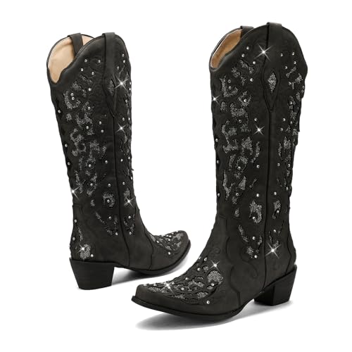 Western Cowboy Boots with Comfortable Calf Black Cowgirl Boot Women Sparkly Rhinestone Wedding Boots Trendy Vintage Tall Glitter Boot with Embroidery and Chunky Heel for Daily Wearing|Office|Party