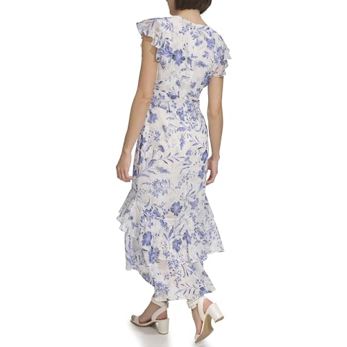 Image of Tommy Hilfiger Women's Flutter Sleeve V-Neck Ruffle Trim Hi-Lo Midi Dress