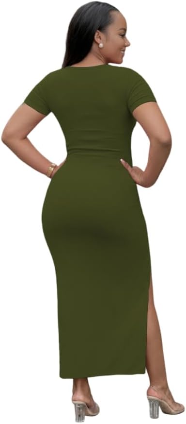 Womens Bodycon Maxi Dress Casual U-Neck Short Sleeves Side Split Plain Solid Sexy Sundress Long Summer Dresses - Image 2
