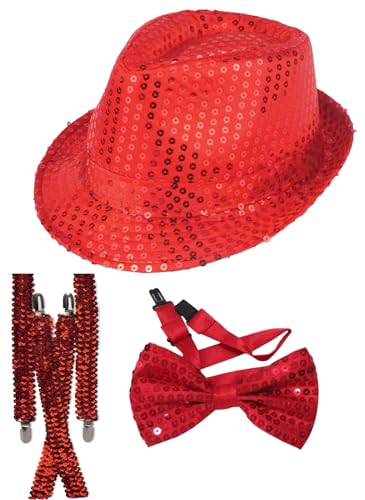 Sombrero de lentejuelas rojas brillantes y tirantes labreeze con estilo