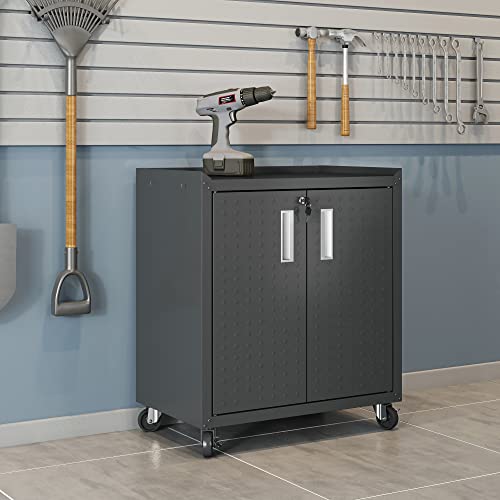 Image of Manhattan Comfort Fortress Rolling Garage Storage Cabinet with 2 Adjustable Shelves, Lockable Metal Tool Compartment, Heavy-Duty Mobile Utility Organizer with Wheels, Charcoal Gray