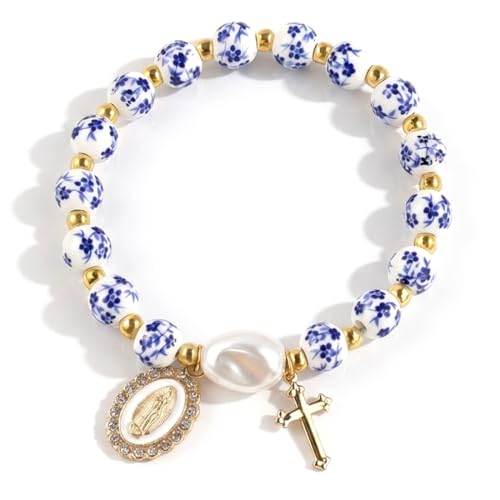 JIRVEX Cadeau Communion Fille Bracelet avec Croix et Perles Bleu Blanc Bijoux Religieux pour Baptême, Communion ou Confirmation
