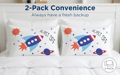 Image of Everyday Kids 2-Pack Standard Size Pillowcases fit Pillows 20 x 26 inch -100% Soft Breathable Microfiber - Perfect for Toddler Little Boy Twin /Full Size Bed - Space