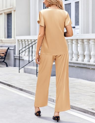 Image of Ekouaer Women's Satin Silky Pajama Set 2 Piece Short Sleeve Shirt with Long Pants Pjs Sets Soft PJ Loungewear S-XXL