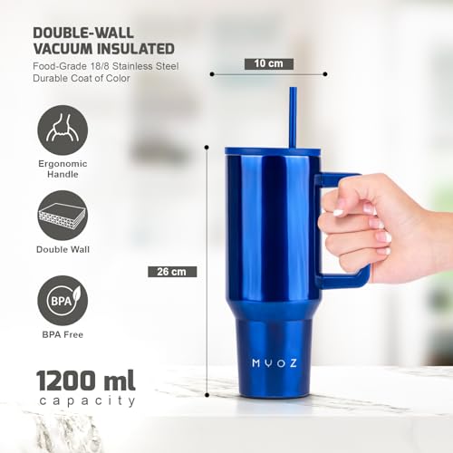 Image of MYOZ 1200ML Stainless Steel Insulated Tumbler Water Mug with Lid, 2 Straws Hot & Cold Iced Coffee Cup, Double Wall Leak-Proof Cupholder for Gym, Travelling Spill-Proof Bottle (Electric Blue)